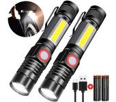 Paquete de 2 linternas led recargables por usb (batería recargable incluida y magnética en la parte inferior) potente lámpara cob militar portátil con