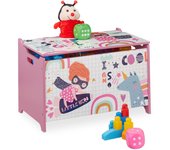 Relaxdays caja juguetes, diseño superheroína, baúl infantil con tapa, arcón niñas, 39x60x36,5 cm, mdf, blanco y rosado