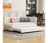 Cama individual 90x200 cm con cama nido - tapizada en terciopelo con somier de láminas - beige