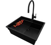 Primagran fregadero bajo encimera todo negro 56x47cm, fregadero granito 1 seno + sifón + accesorios, fregadero cocina al mueble 60cm - prague