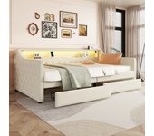 Cama tapizada 90 x 200 cm con cabecero - led - 2 cajones, toma de carga usb y estante - tela de lino - beige (sin colchón)