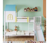 Literas 2 x 90 x 200 cm con tobogán y techo - madera de pino + mdf - somier de láminas - blanco + azul