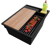 Primagran fregadero cocina negro 38x53cm, fregadero granito 1 seno + sifón + accesorios, fregadero sobre encimera al mueble 40cm - oslo pocket