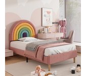 Cama tapizada 90*200 con somier y cabecero - cabecero regulable en altura - terciopelo - rosa
