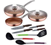 Set 5pc sartenes (con tapa) aluminio prensado inducción con set 3pc utensilios de cocina nylon con set 4pc cuchillos acero inoxidable