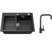 Fregadero de cuarzo negro y resina con escurridor y dispensador de jabón 60*45*20cm + grifo mezclador de cocina de acero inoxidable negro