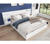 Cama adulto en madera 180x200 cm - con 2 mesillas de noche - con puerto usb de carga, altavoz bluetooth y reloj digital - blanco
