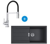 Franke sirius fregadero 100×50cm 1 seno con escurridor, negro + grifo monomando 205x410mm semi-pro, ducha extraíble, cromo/negro