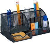 Relaxdays organizador escritorio, metal, con soporte para bolígrados y cajón, 13x28x14 cm, utensilios oficina, antracita
