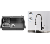 Fregadero de cocina negro 68x45x19cm con distributor de jabón y escurridor cesta + grifo cocina resorte con ducha extensible,2 modos,negro