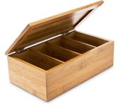 Relaxdays caja de té bambú, tea box con tapa, 4 compartimentos para 80 bolsas infusiones, cajita joyas madera, natural