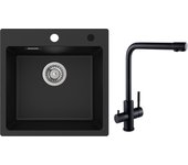 Fregadero de 1 seno de cuarzo y resina negra fregadero encastrable 45x45 cm + mezclador de fregadero de 3 vías, 2 palancas, negro
