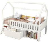 Cama tipo casa para niños y adolescentes, con cajones y compartimentos de almacenamiento, blanca, 200x90 cm
