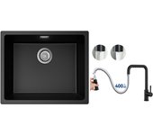 Fregadero de 1 lavabo en cuarzo y resina, 3 opciones de montaje, 55*44*20cm + grifo monomando con ducha extraíble, negro