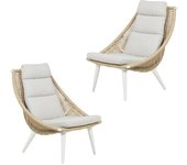 Pack 2 sillones de exterior, conjín incluido, aluminio y ratán sintético redondo, color blanco envejecido, 62x51x90 cm