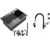Fregadero cocina 1bandeja inoxnegro 65x45cm, empotrado/para colocar+grifo cocinae con ducha extraíble,pivotante 360°,boca en forma de u,negro