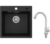 Cecipa max fregadero 1 seno en cuarzo y resina negra 45x45cm fregadero de encastre + grifo de cocina de agua fría, cepillado