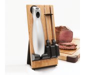 Cuchillo de cocina eléctrico sin cable fishtec easy cut plus, con cargador y soporte de madera, 2 cuchillas, ideal para cortar pan y carne, gris