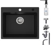 Cecipa max fregadero de cuarzo y resina + dispensador de jabón, 50x45cm fregadero de encastre de 1 seno, fregadero de 1 seno negro
