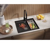 Primagran fregadero cocina negro 58x50cm, fregadero granito 1 seno + sifón + enrollable escurridor, fregadero sobre encimera al mueble 60cm - oslo