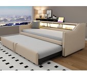 Sofá cama extraíble 90/180x190cm de lino - con led y usb - con somier - beige
