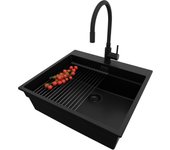 Primagran fregadero granito todo negro 58x53cm, fregadero cocina 1 seno + sifón + accesorios, fregadero sobre encimera al mueble 60cm - oslo max