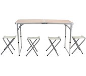 Mesa plegable de aluminio con 4 taburetes, superficie de mdf, portátil en maletín, multiusos, resistente, camping, playa, jardín (marrón, 120 x 60 x