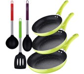Set 3pc sarten (20+24+28cm) aluminio prensado verde con set 3pc utensilios de cocina nylon