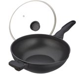 Relaxdays wok con tapa, ø 30 cm, aluminio, recubrimiento antiadherente, cocina de gas, eléctrica, sartén con asas, negro
