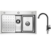 Fregadero de 1 lavabo fregadero de acero inoxidable plateado de 70×45cm con escurridor, lavabo, dispensador de jabón + grifo de cocina de agua fría