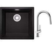 Cecipa max fregadero 1 seno de cuarzo y resina negro gris 45*44*20cm + mezclador de cocina con ducha extraíble cepillada
