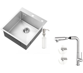 Fregadero cocina 1banja plata,44*49*20 cm,con dispensador de jabón,inox+mezclador cocina con ducha extraíble rotativa 360°,cepillado