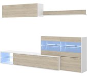 Salón tv con vitrina led uma - mueble tv moderno b. brillo/natural 180x260x41 cm