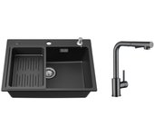 Fregadero de cuarzo y resina negro con escurridor y dispensador de jabón 60*45*20cm + grifo de cocina monomando con ducha extraíble