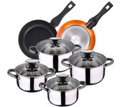 Bateria de cocina 8 piezas apta para induccion san ignacio hita en acero inoxidable con juego de sartenes neon (20,24 cm) en aluminio forjado aptas pa