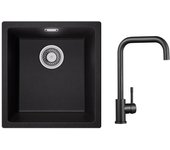 Fregadero de un seno de cuarzo y resina, 3 opciones de montaje, 40*44*20 cm + grifo mezclador de cocina de acero inoxidable negro