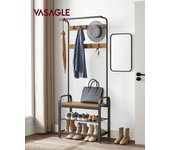 Perchero con zapatero y banco de estilo industrial - con ganchos desmontables, estructura de acero, altura de 183 cm, nogal