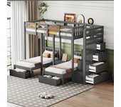 Literas triples 90 x 200 cm + 2 x 70 x 140 cm con 5 cajones, mesita de noche y escalera - madera maciza y mdf - gris