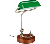 Relaxdays lámpara banquero, tulipa inclinable cristal, base madera, casquillo e27, luz escritorio vintage, verde/marrón