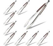 Relaxdays pack de 9 pinzas barbacoa xxl, acero inoxidable-madera, plateado-marrón, 38 cm