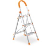 Relaxdays escalera plegable 3 peldaños, aluminio, hasta 150 kg, antideslizante, estribo de sujeción, plateado/naranja