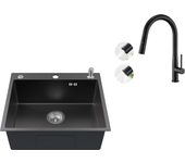 Fregadero cocina 1 seno 54*49*20 cm,inox,gris negro,fregadero 1cuba con dispensador jabón+grifo cocina conducha extraíble,2 modos jets,negro