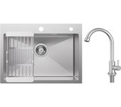 Fregadero de cocina de 1 tazón, fregadero de acero inoxidable cepillado de 60 × 45 × 18 cm con cesta de drenaje + grifo de cocina de agua fría