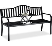 Relaxdays banco jardín y terraza de 3 plazas con mesa plegable, acero, asiento robusto, 90 x 150 x 57,5 cm, negro
