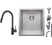 Cecipa max fregadero de cocina 1 seno 40x44x19cm - fregadero de inox cepillado encastrable + grifo con ducha extraíble - negro - giratorio 360°