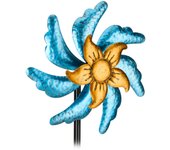 Relaxdays molino de viento para jardín, molinete para macetas con estaca, 120x30x12,5 cm, hierro, molinillo, azul/dorado