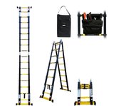 Escalera-taburete telescópica 3m80/1m90 woerther con barras estabilizadoras dobles – con funda y bolsa para herramientas – garantía 5 años