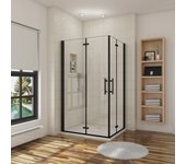 Aica mampara de ducha rectangular plegable vidrio templado easyclean de 5 mm con perfil negro mate tamaño:(1080-1100)x(980-1000)x1900mm
