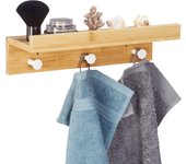 Relaxdays estantería de pared con 3 ganchos de metal, perchero pasillo estante bambú, toallero baño 10x36x12cm, natural