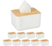 Set 10 cajas para pañuelos y toallitas papel, tapa de bambú, baño, moderno, plástico, 10 x 17 x 13 cm, blanco & marrón